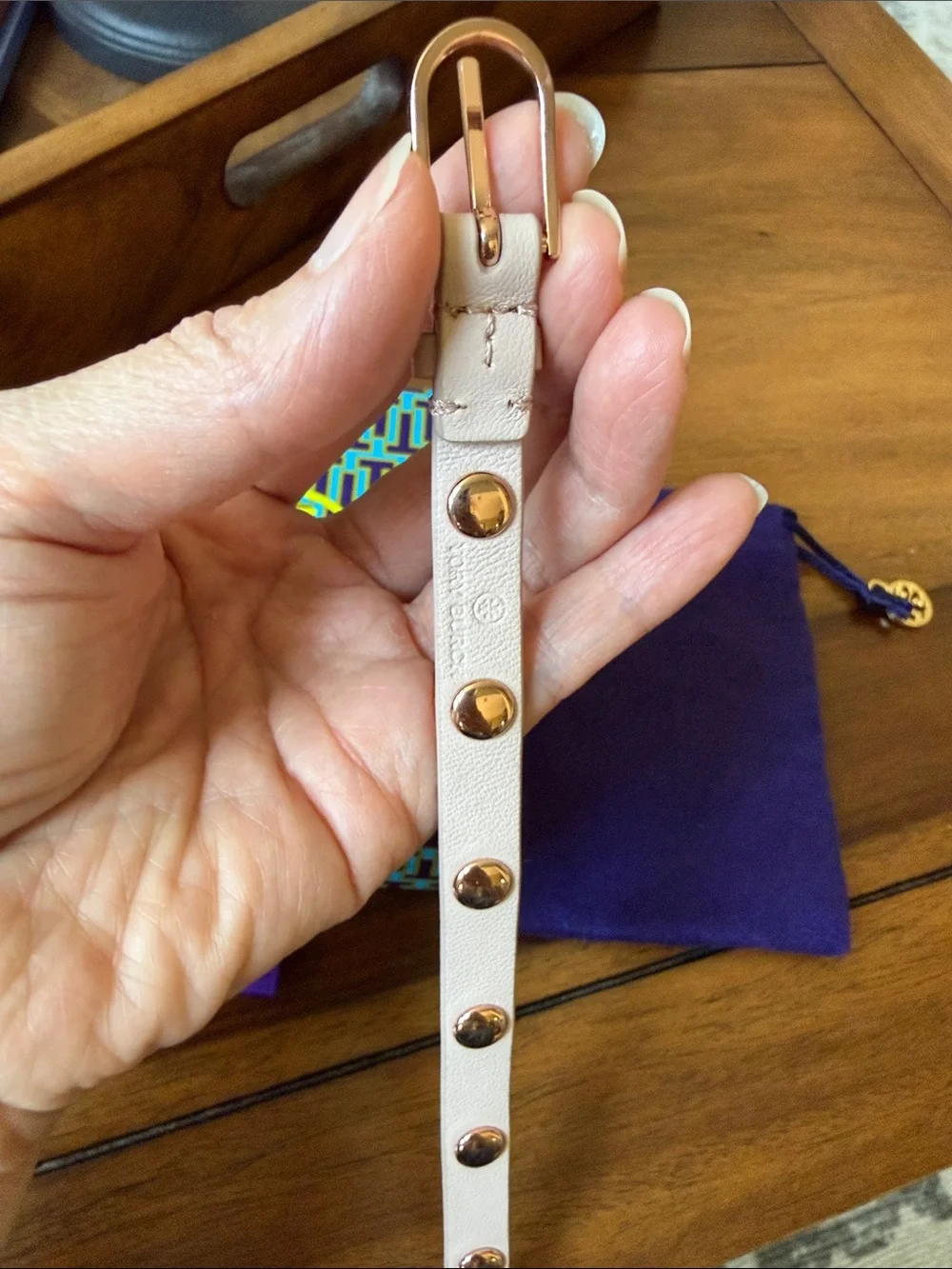 Tory Burch Double Wrap Leather Logo Stud Bracelet with pouch and gift box